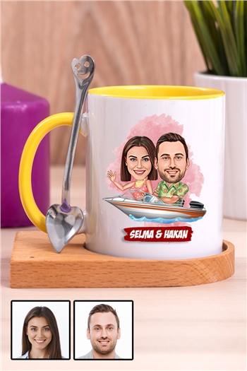 Sevgiliye Hediye Tekne Tasarım  Karikatürlü Ahşap Altlıklı İçi Renkli Kupa Bardak