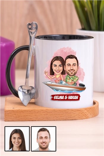 Sevgiliye Hediye Tekne Tasarım  Karikatürlü Ahşap Altlıklı İçi Renkli Kupa Bardak