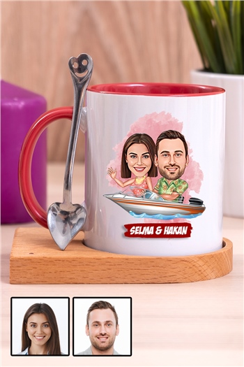 Sevgiliye Hediye Tekne Tasarım  Karikatürlü Ahşap Altlıklı İçi Renkli Kupa Bardak