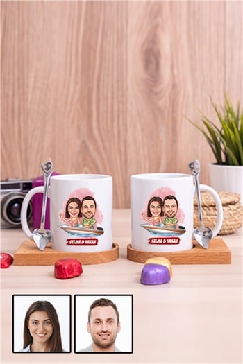 Erkek Sevgiliye Hediye Tekne Tasarım Karikatürlü İkili Ahşap Altlıklı Beyaz Kupa Bardak