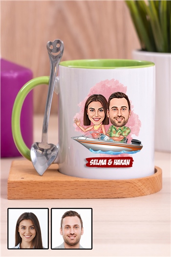 Sevgiliye Hediye Tekne Tasarım  Karikatürlü Ahşap Altlıklı İçi Renkli Kupa Bardak