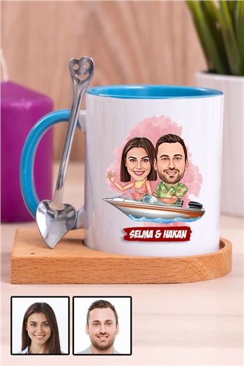 Sevgiliye Hediye Tekne Tasarım  Karikatürlü Ahşap Altlıklı İçi Renkli Kupa Bardak