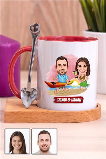 Sevgiliye Hediye Yaz Temalı Karikatürlü Ahşap Altlıklı İçi Renkli Kupa Bardak