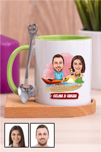 Sevgiliye Hediye Yaz Temalı Karikatürlü Ahşap Altlıklı İçi Renkli Kupa Bardak