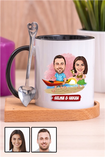 Sevgiliye Hediye Yaz Temalı Karikatürlü Ahşap Altlıklı İçi Renkli Kupa Bardak