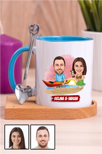 Sevgiliye Hediye Yaz Temalı Karikatürlü Ahşap Altlıklı İçi Renkli Kupa Bardak