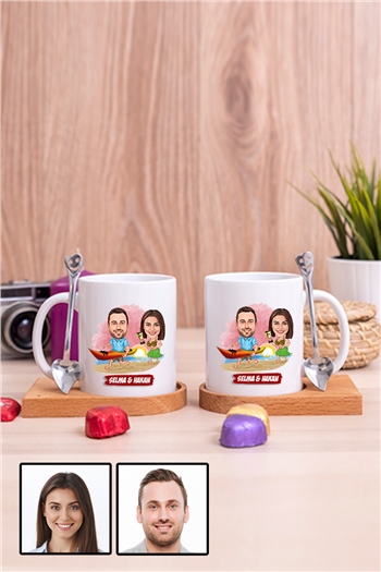 Sevgiliye Hediye Yaz Temalı Karikatürlü İkili Ahşap Altlıklı Beyaz Kupa Bardak