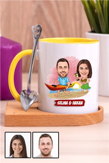 Sevgiliye Hediye Yaz Temalı Karikatürlü Ahşap Altlıklı İçi Renkli Kupa Bardak