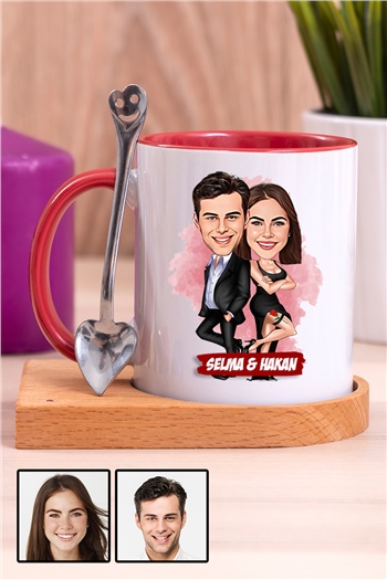 Erkek Sevgiliye Kişiye Özel Hediye Karikatürlü Ahşap Altlıklı İçi Renkli Kupa Bardak