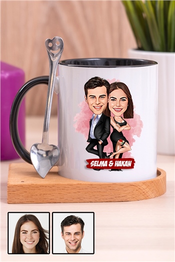 Erkek Sevgiliye Kişiye Özel Hediye Karikatürlü Ahşap Altlıklı İçi Renkli Kupa Bardak