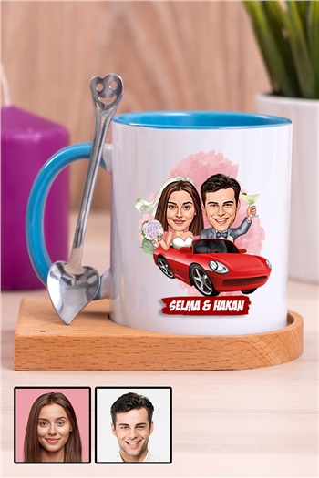 Sevgiliye Özel Hediye Biz Evleniyoruz Karikatürlü Ahşap Altlıklı İçi Renkli Kupa Bardak