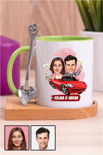 Sevgiliye Özel Hediye Biz Evleniyoruz Karikatürlü Ahşap Altlıklı İçi Renkli Kupa Bardak