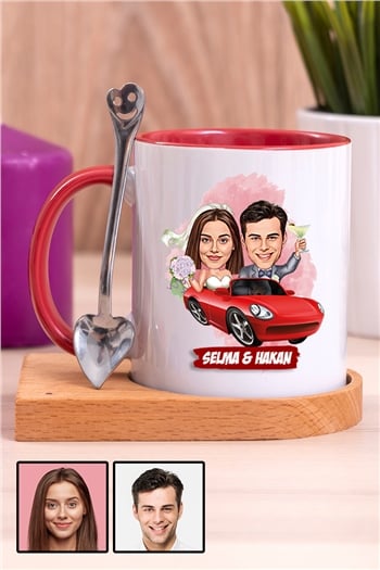 Sevgiliye Özel Hediye Biz Evleniyoruz Karikatürlü Ahşap Altlıklı İçi Renkli Kupa Bardak