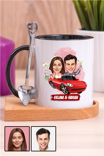 Sevgiliye Özel Hediye Biz Evleniyoruz Karikatürlü Ahşap Altlıklı İçi Renkli Kupa Bardak