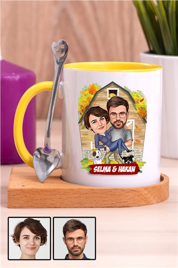 Sevgiliye Özel Hediye Ev Temalı Karikatürlü Ahşap Altlıklı İçi Renkli Kupa Bardak