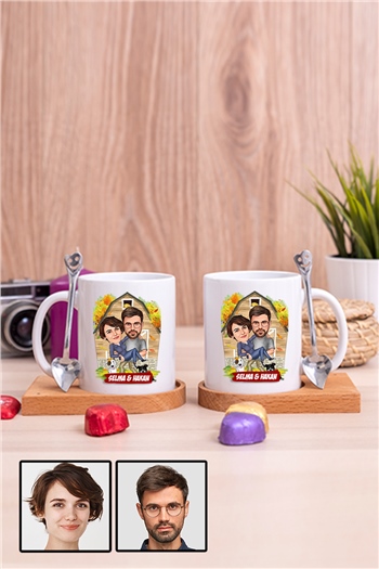 Sevgiliye Özel Hediye Ev Temalı Karikatürlü İkili Ahşap Altlıklı Beyaz Kupa Bardak