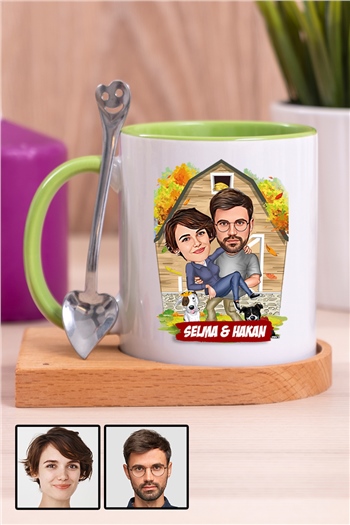Sevgiliye Özel Hediye Ev Temalı Karikatürlü Ahşap Altlıklı İçi Renkli Kupa Bardak