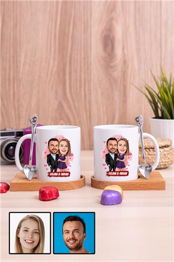 Erkek Sevgiliye Kişiye Özel Yıl Dönümü Hediyesi İkili Ahşap Altlıklı Beyaz Kupa Bardak