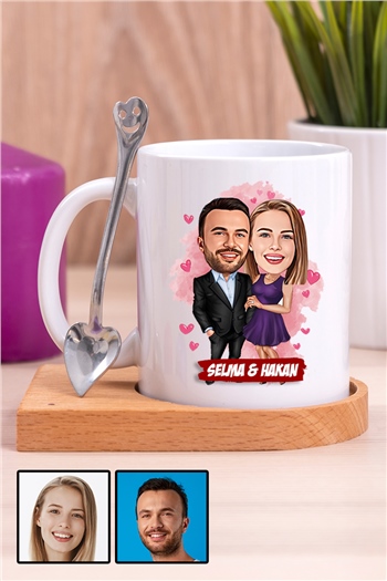 Erkek Eşe Evlilik Yıl Dönümü Hediyesi Karikatürlü Ahşap Altlıklı Beyaz Kupa Bardak