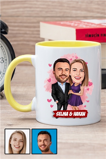 Erkek Sevgiliye Romantik Yıl Dönümü Hediyesi Karikatürlü İçi Renkli Kupa Bardak