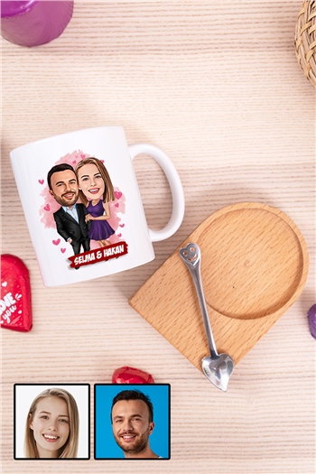 Erkek Eşe Evlilik Yıl Dönümü Hediyesi Karikatürlü Ahşap Altlıklı Beyaz Kupa Bardak