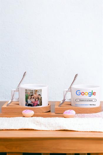 Teyzeye Hediye Google Tasarım Fotoğraflı Ahşap Altlıklı Fincan