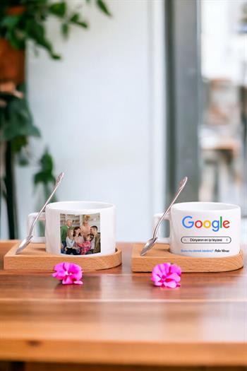 Teyzeye Hediye Google Tasarım Fotoğraflı Ahşap Altlıklı Fincan