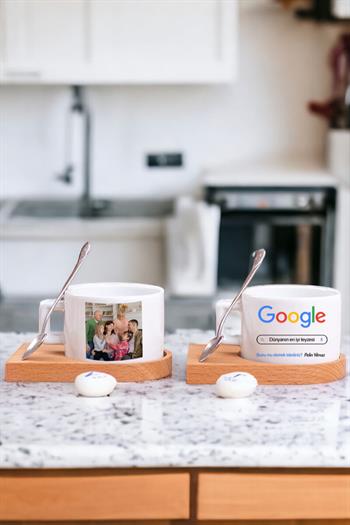 Teyzeye Hediye Google Tasarım Fotoğraflı Ahşap Altlıklı Fincan