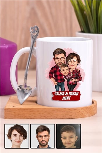 Üç Kişilik Aileye İlginç Hediye Karikatürlü Ahşap Altlıklı Beyaz Kupa Bardak