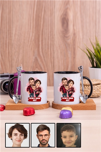 Üç Kişilik Aileye İlginç Hediye Karikatürlü İkili Ahşap Altlıklı İçi Renkli Kupa Bardak