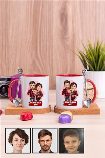 Üç Kişilik Aileye İlginç Hediye Karikatürlü İkili Ahşap Altlıklı İçi Renkli Kupa Bardak