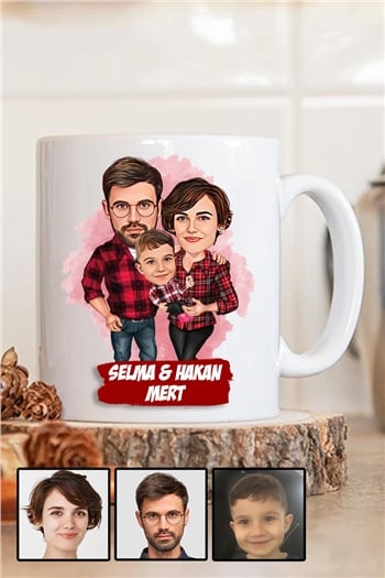 Üç Kişilik Aileye İlginç Hediye Karikatürlü Beyaz Kupa Bardak