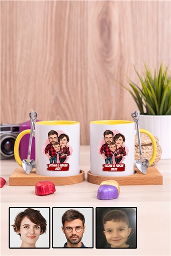 Üç Kişilik Aileye İlginç Hediye Karikatürlü İkili Ahşap Altlıklı İçi Renkli Kupa Bardak