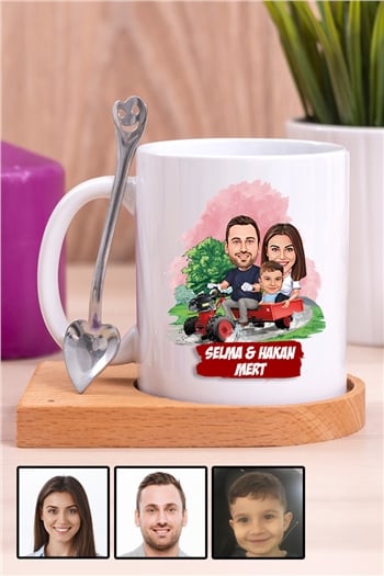 Üç Kişilik Aileye Özel Karikatürlü Ahşap Altlıklı Beyaz Kupa Bardak