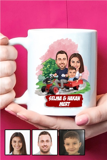 Üç Kişilik Aileye Özel Karikatürlü Beyaz Kupa Bardak