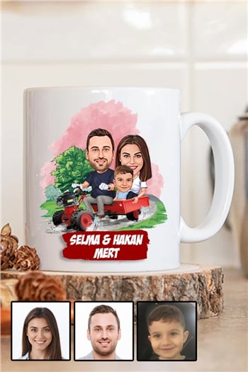 Üç Kişilik Aileye Özel Karikatürlü Beyaz Kupa Bardak