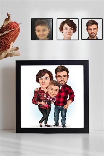 Üç Kişilik Aileye Özel Karikatürlü Kare Çerçeve