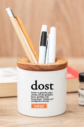 Yakın Arkadaşa Ofis Hediyesi Dost Kelime Anlamı Ahşap Altlıklı Fincan ve Kalemlik