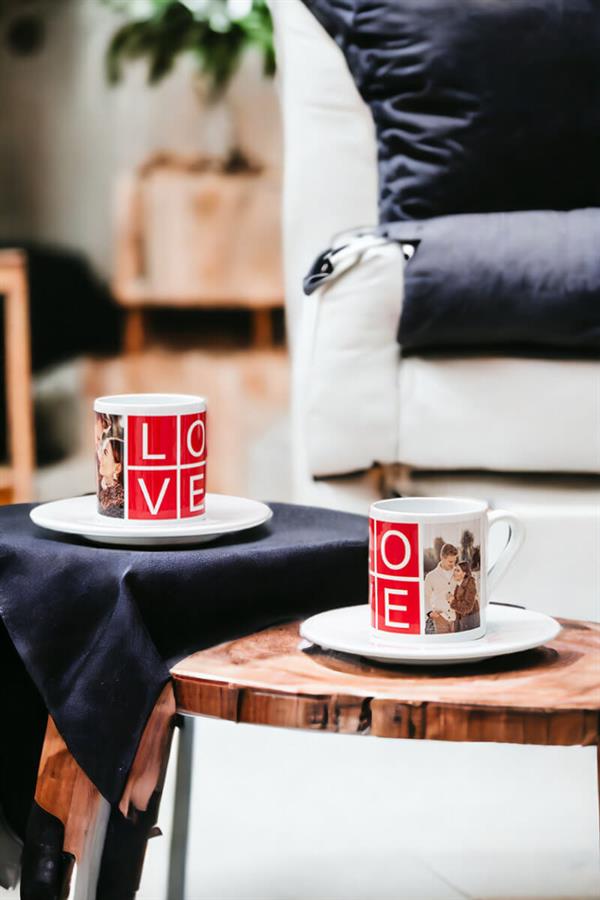 Love Yazılı 2 Fotoğraflı İkili Beyaz Türk Kahvesi Fincanı | Hediye Dükkanı