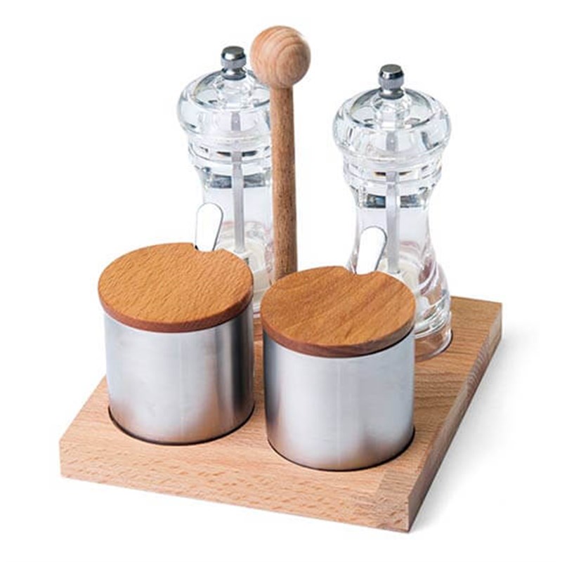 Groovy Ahşap Standlı 4 Lü Akrilik Tuzluk Baharatlık Takımı