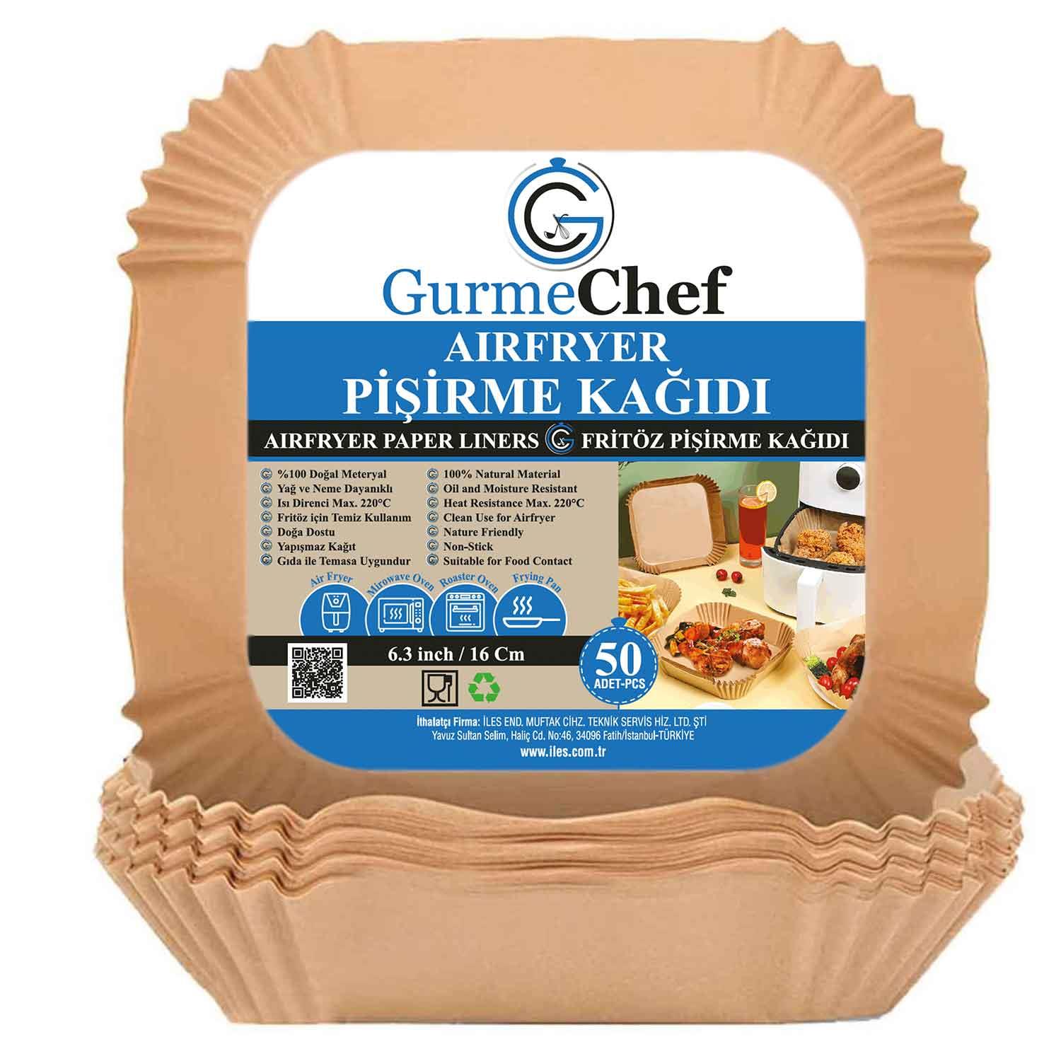 Gurme Chef Airfryer Pişirme Kağıdı, Kare, 50 li Paket, 16x4.5 Cm, Gurme Chef, Airfryer Pişirme Kağıtları