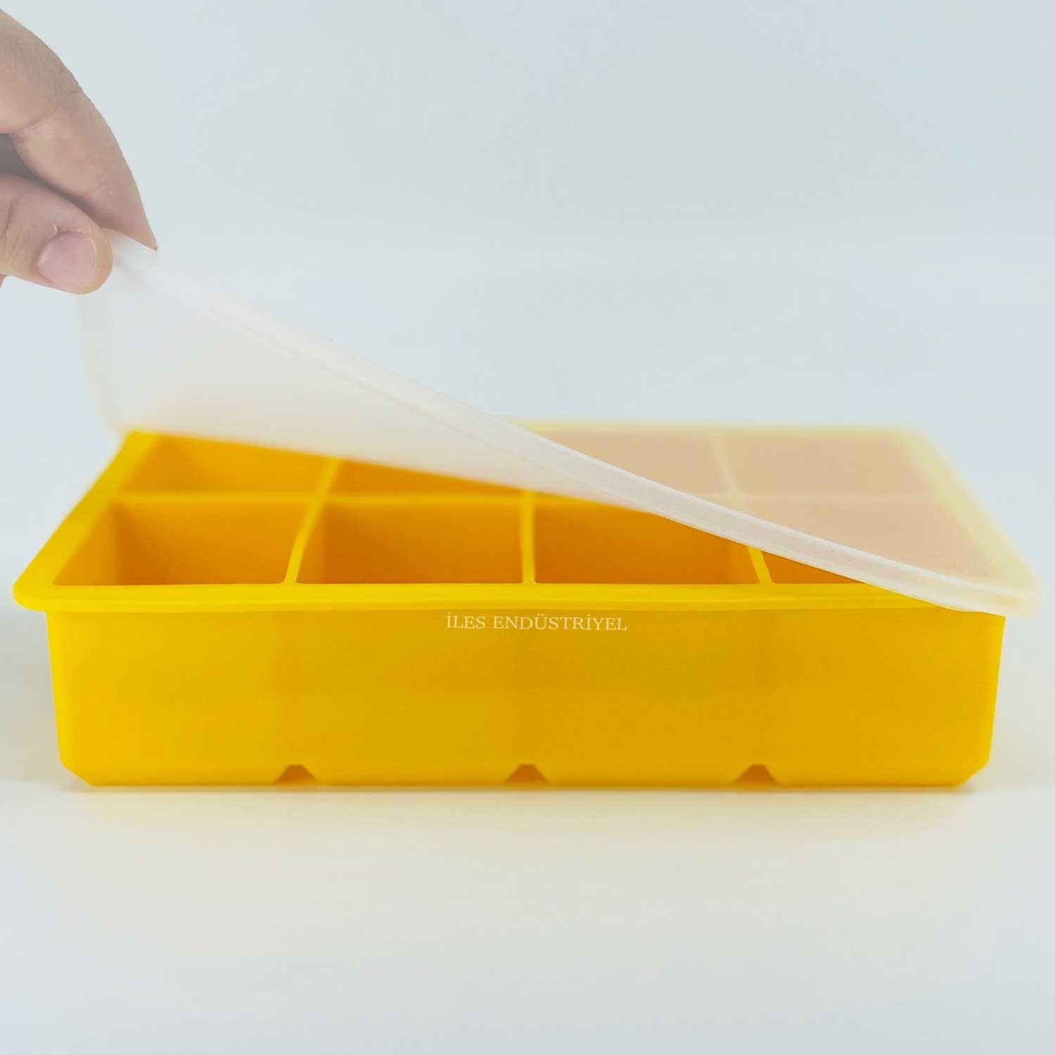 İles Gurme Kapaklı Premium Büyük 8 Bölmeli Silikon Buz Kalıbı, Sarı, İles Gurme, Silikon Buz Kalıpları