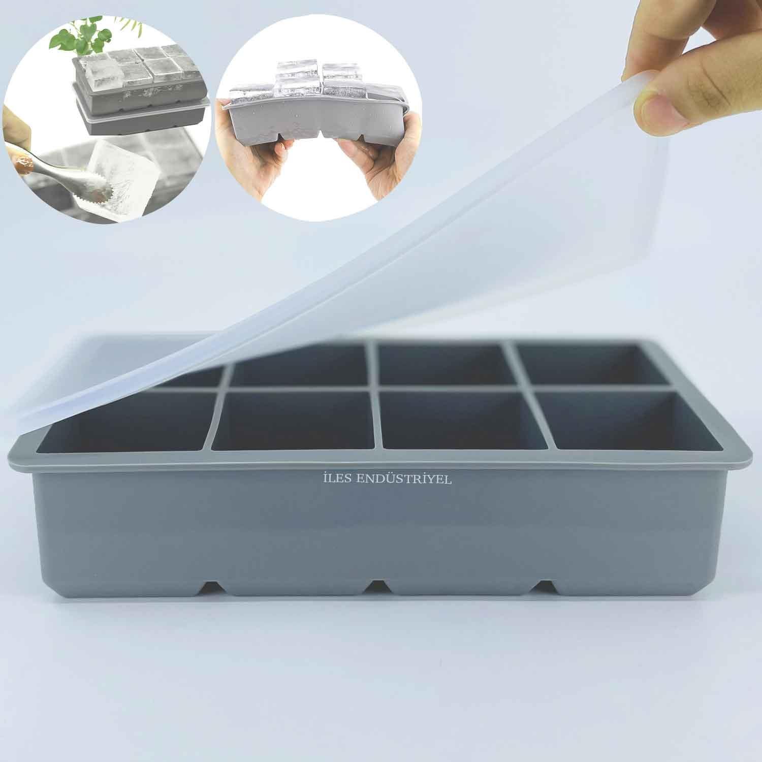 İles Gurme Kapaklı Premium Büyük 8 Bölmeli Silikon Buz Kalıbı, Gri, İles Gurme, Silikon Buz Kalıpları