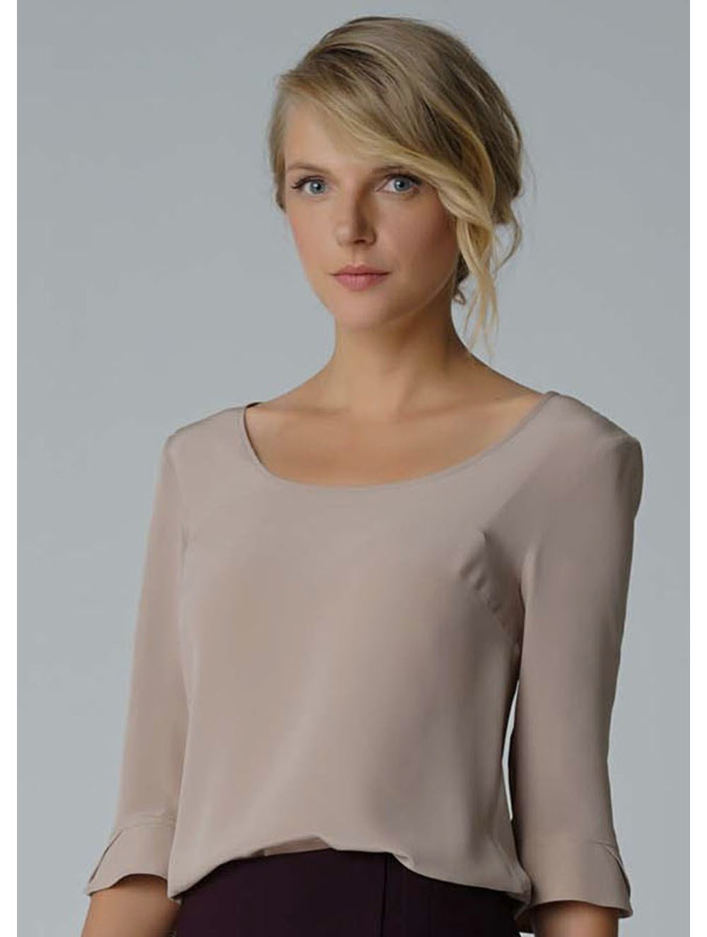 Circle Neck Silk Blouse in Beige Colour