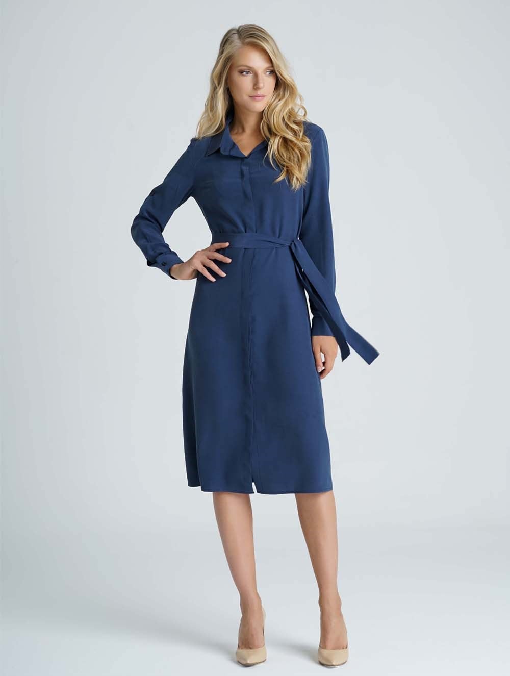 Classic Silk Shirt Dress in Navy Colour