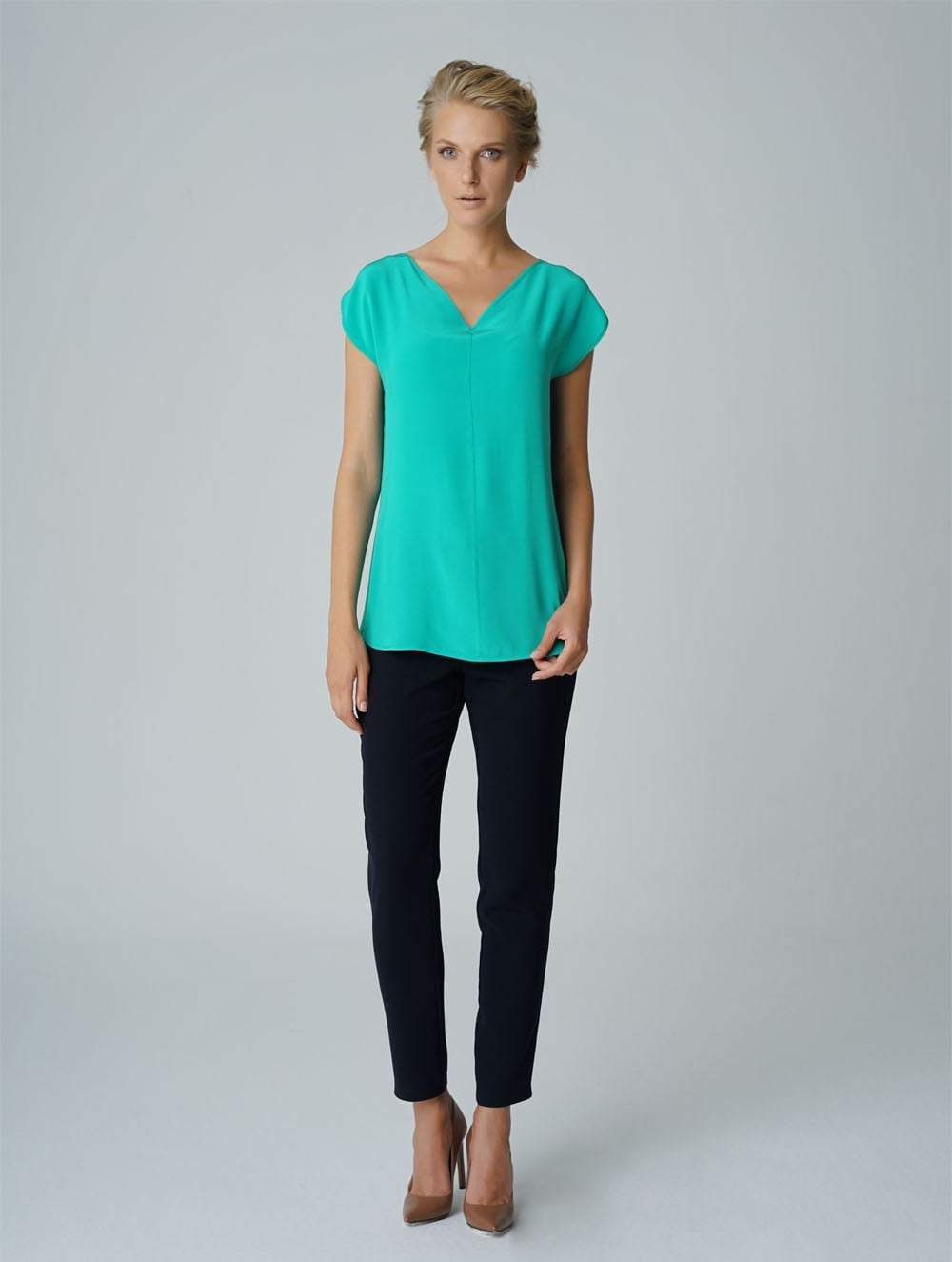 Drop Shoulder Silk Blouse in Green Turquoise Colour