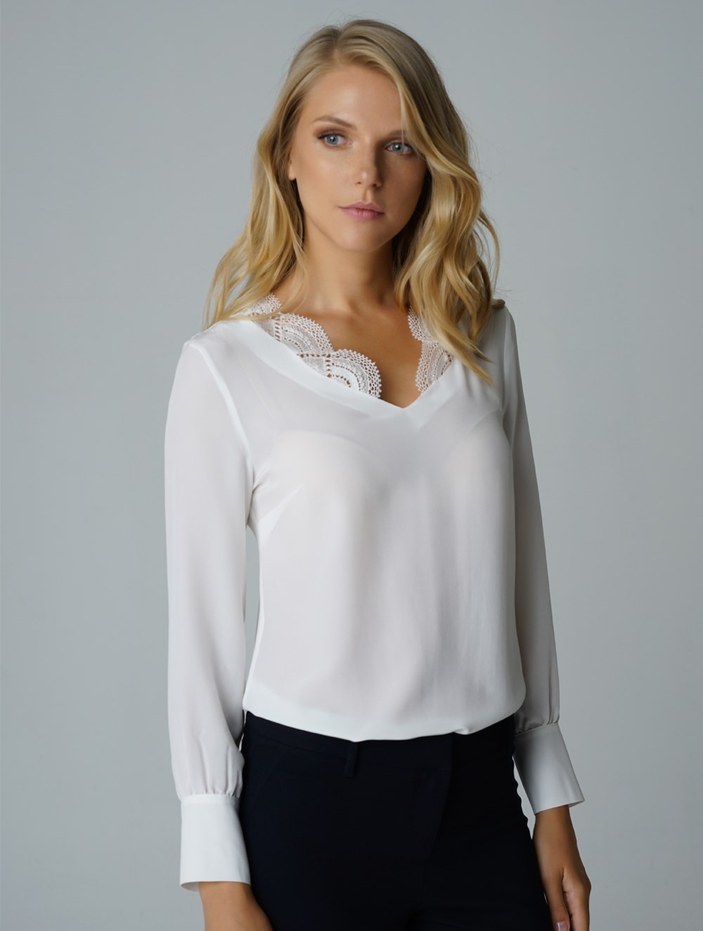 Lace Collar Silk Blouse in White Colour