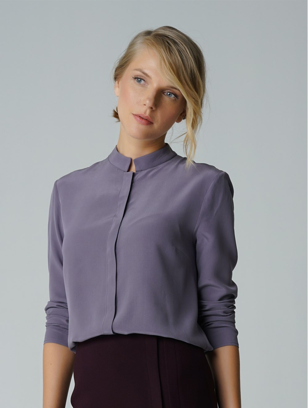 Mandarin Collar Silk Shirt in Lilac Colour