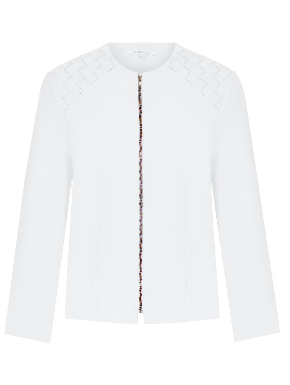 Multicolour Zipper Basket Weave Crepe Jacket in White Colour