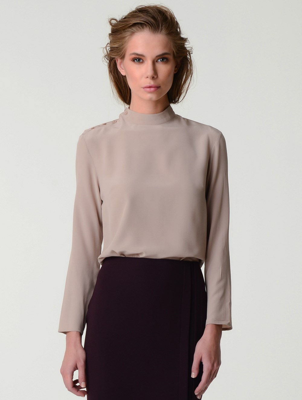 Side Button Silk Blouse in Beige Colour
